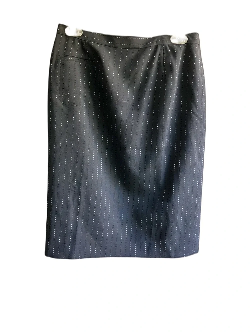 Armani Collezioni Black Pencil Skirt Size 8 Wool White Pinstripes Zip Front Slit